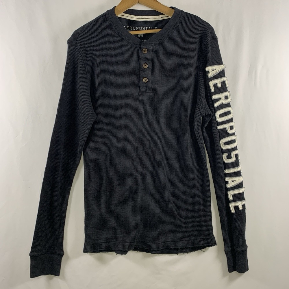 Aéropostale Mens Y2K Waffle Knit Henley Thermal Shirt Size M Fitted Cotton Logo